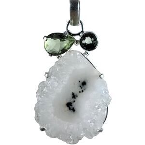 Handmade Silver Pendant – White Druzy & Green Quartz + 20" Silver Snake Chain